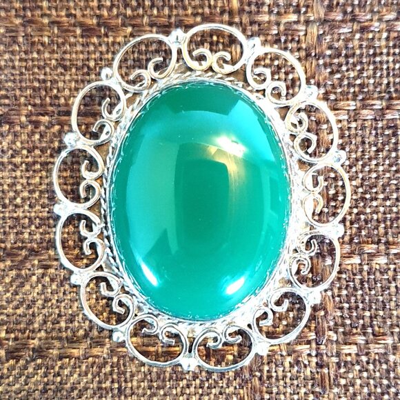 2’’ Vintage 925 Sterling Silver Filigree Pendant & Brooch with Green Chrysoprase - Picture 1 of 11